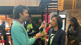 WYPR Reporter Scott Maucione speaks with Prince George’s County Executive Angela Alsobrooks, who is the Democratic nominee for U.S. Senate. Photo by Izzi Bavis/WYPR.