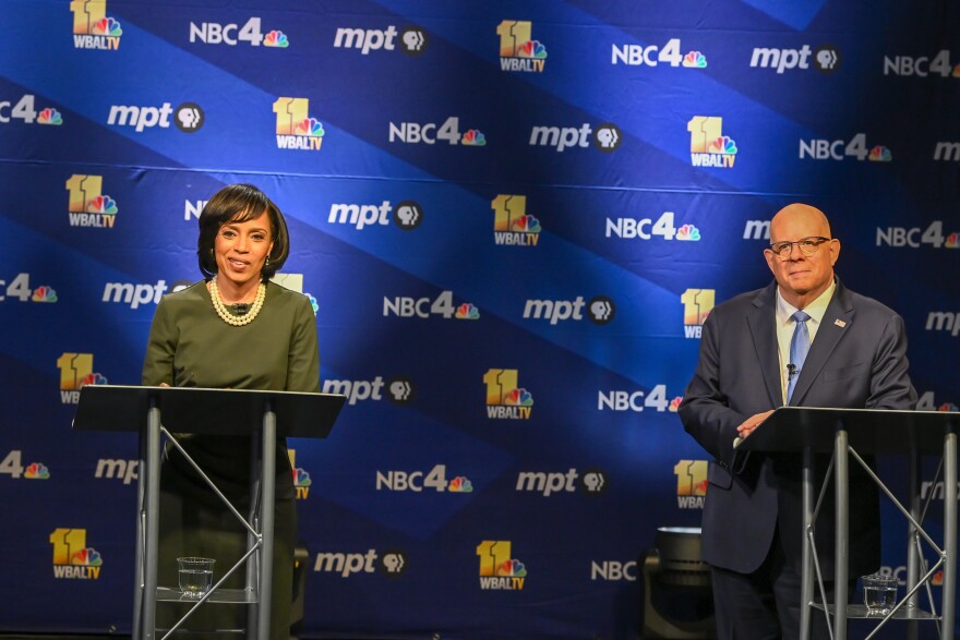 Maryland U.S. Senate candidates Angela Alsobrooks (D) and Larry Hogan (R) debate on October 10, 2024. Photo courtesy of Maryland Public Television.