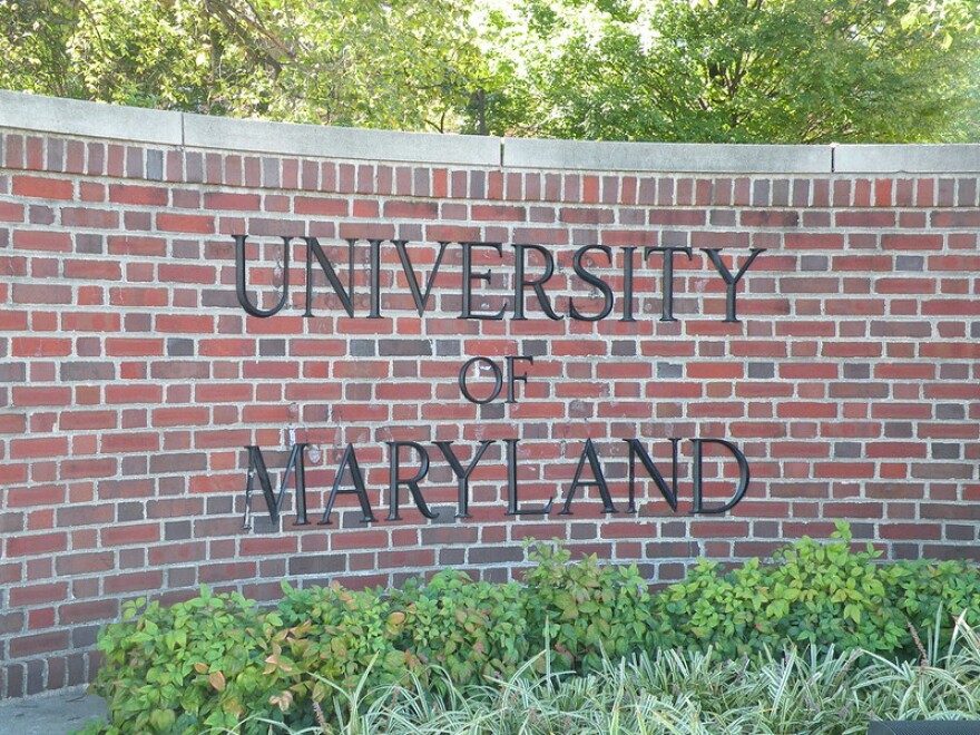 Brick sign reading "University of Maryland" with plants in front