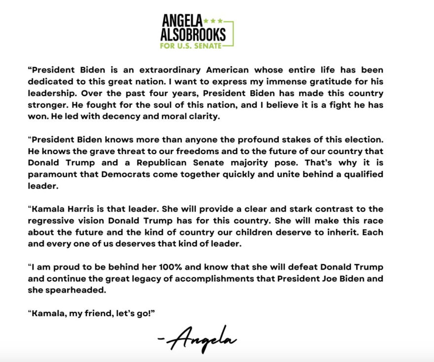 Angela Alsobrooks statement on President Biden leaving the 2024 Presidential Election Race.