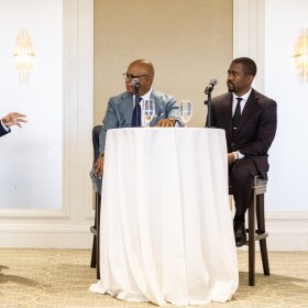 Jason V. hosts a panel discussion with Vic Carter of WJZ 13 and Dr. Johnny Graham of Howard University at the Juneteenth Luncheon at The Center Club Baltimore. Photo courtesy of Jason V.