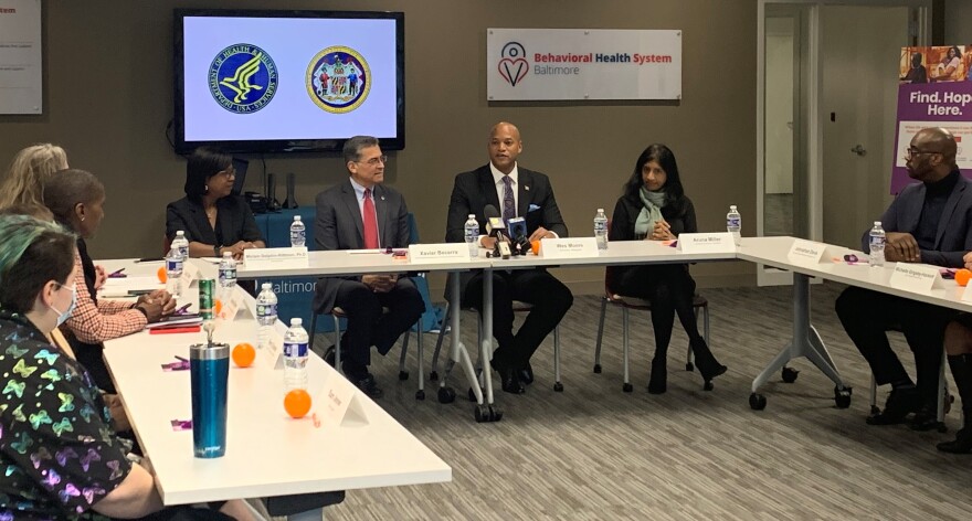 Gov. Wes Moore speaks during a Baltimore City roundtable on mental health as Lt. Gov. Aruna Miller and U.S. Health and Human Services Secretary Xavier Becerra.