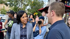 Prince George's County Executive Angela Alsobrooks, who is the Democratic nominee for Maryland's open U.S. Senate seat, greets people at a campaign event on September 19, 2024. Photo by Rachel Baye/WYPR.