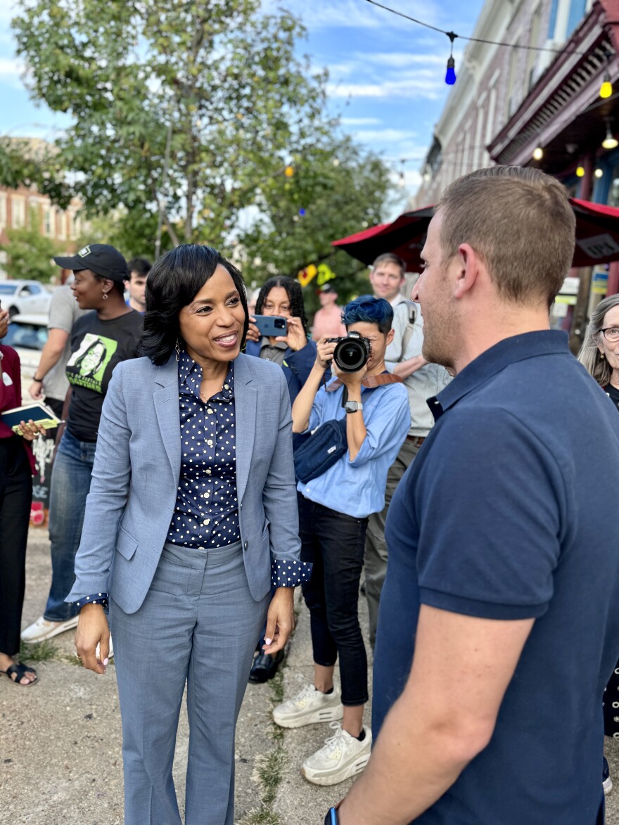 Prince George's County Executive Angela Alsobrooks, who is the Democratic nominee for Maryland's open U.S. Senate seat, greets people at a campaign event on September 19, 2024. Photo by Rachel Baye/WYPR.