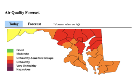 A code red air quality for Baltimore and much of the Maryland region today means the air is unhealthy for all people, especially those with asthma and other respiratory conditions. Map courtesy of the Maryland Department of the Environment.