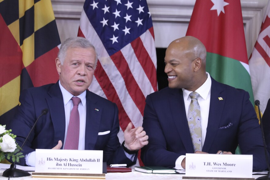 King Abdullah II of Jordan, left, meets with Maryland Gov. Wes Moore on Wednesday, Sept. 25, 2024 in Annapolis, Md., with Maryland business and education leaders in the Maryland State House. (AP Photo/Brian Witte)