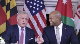 King Abdullah II of Jordan, left, meets with Maryland Gov. Wes Moore on Wednesday, Sept. 25, 2024 in Annapolis, Md., with Maryland business and education leaders in the Maryland State House. (AP Photo/Brian Witte)