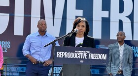 Prince George's County Executive Angela Alsobrooks, who is the Democratic nominee for Maryland's open U.S. Senate seat, speaks in front of the Harris-Walz Fighting for Reproductive Freedom Bus in Howard County on September 14, 2024. Photo by Rachel Baye/WYPR.