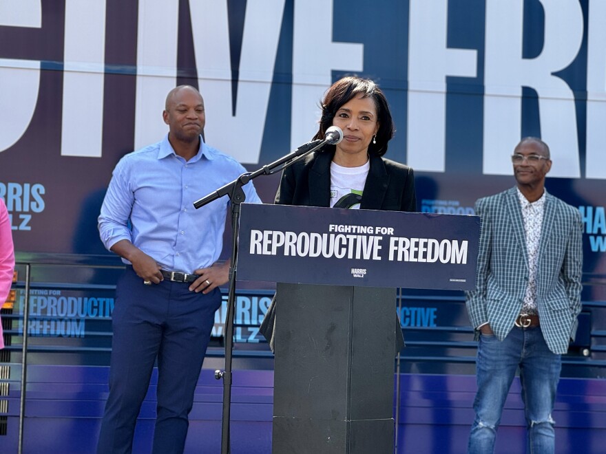 Prince George's County Executive Angela Alsobrooks, who is the Democratic nominee for Maryland's open U.S. Senate seat, speaks in front of the Harris-Walz Fighting for Reproductive Freedom Bus in Howard County on September 14, 2024. Photo by Rachel Baye/WYPR.