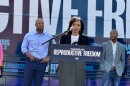 Prince George's County Executive Angela Alsobrooks, who is the Democratic nominee for Maryland's open U.S. Senate seat, speaks in front of the Harris-Walz Fighting for Reproductive Freedom Bus in Howard County on September 14, 2024. Photo by Rachel Baye/WYPR.