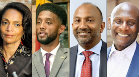 Mayoral candidates (left to right): Former mayor Shelia Dixon, incumbent Mayor Brandon Scott, attorney Thiru Vignarajah and businessman Bob Wallace are leading the field in the race for job as Baltimore City Mayor. (The Baltimore Banner)