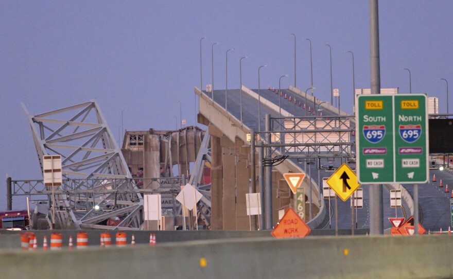 Parts of the Francis Scott Key Bridge remain after a container ship collided with its support structure early Tuesday.