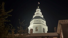 Maryland statehouse at night.