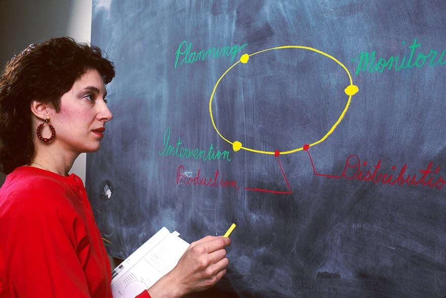 A woman drawing on a chalkboard. Bill Branson (Photographer), Public domain, via Wikimedia Commons