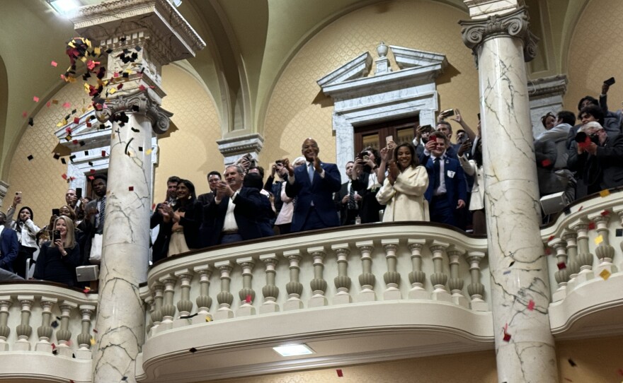 Maryland Gov. Wes Moore celebrates the end of the 2024 Maryland General Assembly. Photo by Rachel Baye/WYPR.