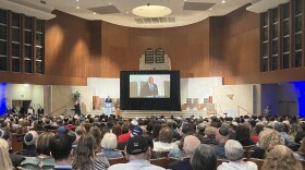 Maryland Gov. Wes Moore spoke at the Beth El Congregation in Pikesville. Photo by Bri Hatch/WYPR.