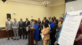 The Legislative Black Caucus of Maryland holds a press briefing Thursday in Annapolis. At the podium is caucus chair Del. Jheanelle Wilkins (D-Montgomery). Photo by Matt Bush/WYPR.