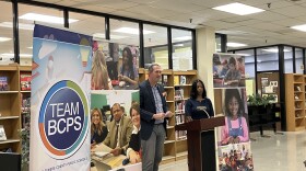 Baltimore County Executive Johnny Olszewski and Superintendent Myriam Yarbrough Rogers. Photo by Bri Hatch/WYPR.